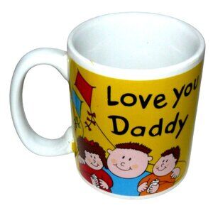 Love You Daddy Ceramic Coffee Mug Cup W Yellow & White Cartoon Design Boy & Girl